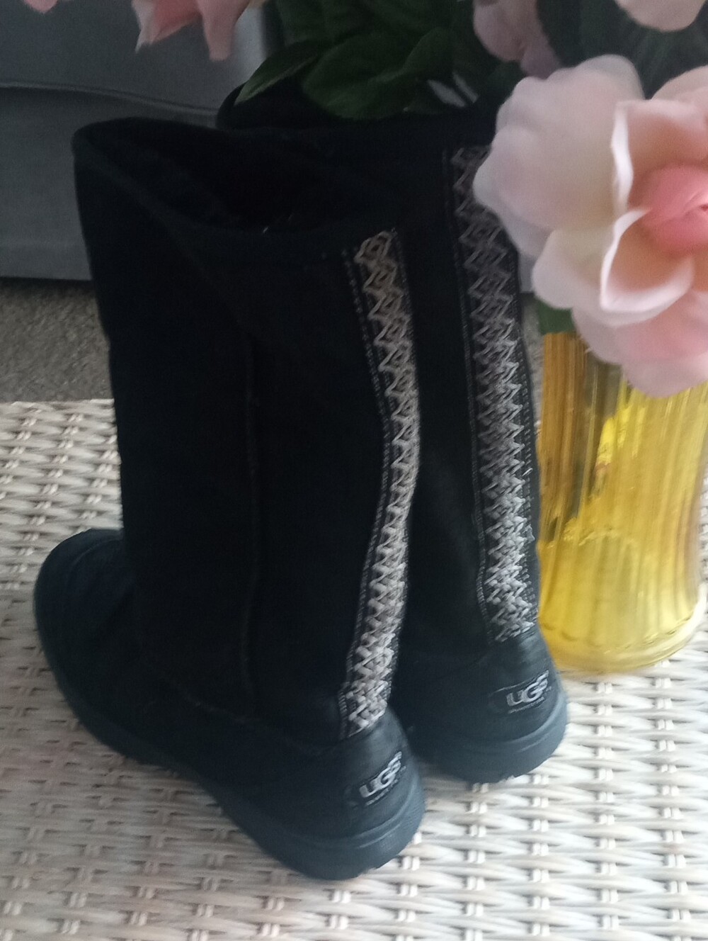 UGG Women's Black Suede Mid-Calf Boot with Embroidered Back